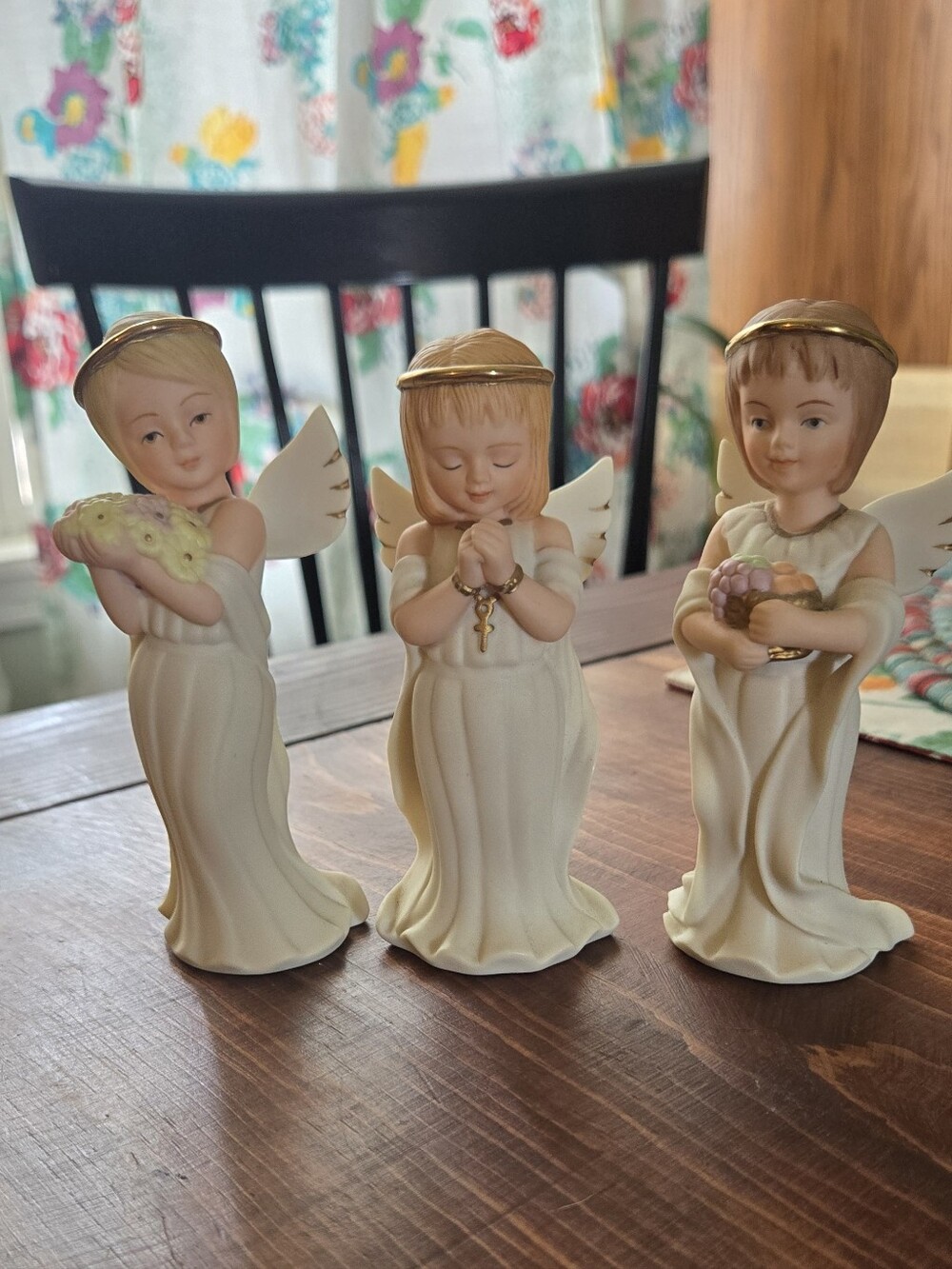 Home Interiors Cream Ceramic Angel Trio with Gold Halos